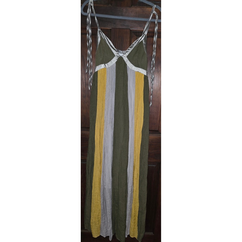 Vintage Anthropologie Ryu Boho Colorblock Maxi Dress Olive Green Yellow Silver